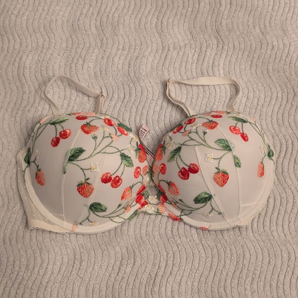 Victoria's Secret Cream Bra with Red and Green Embroidery Strawberry Cherries